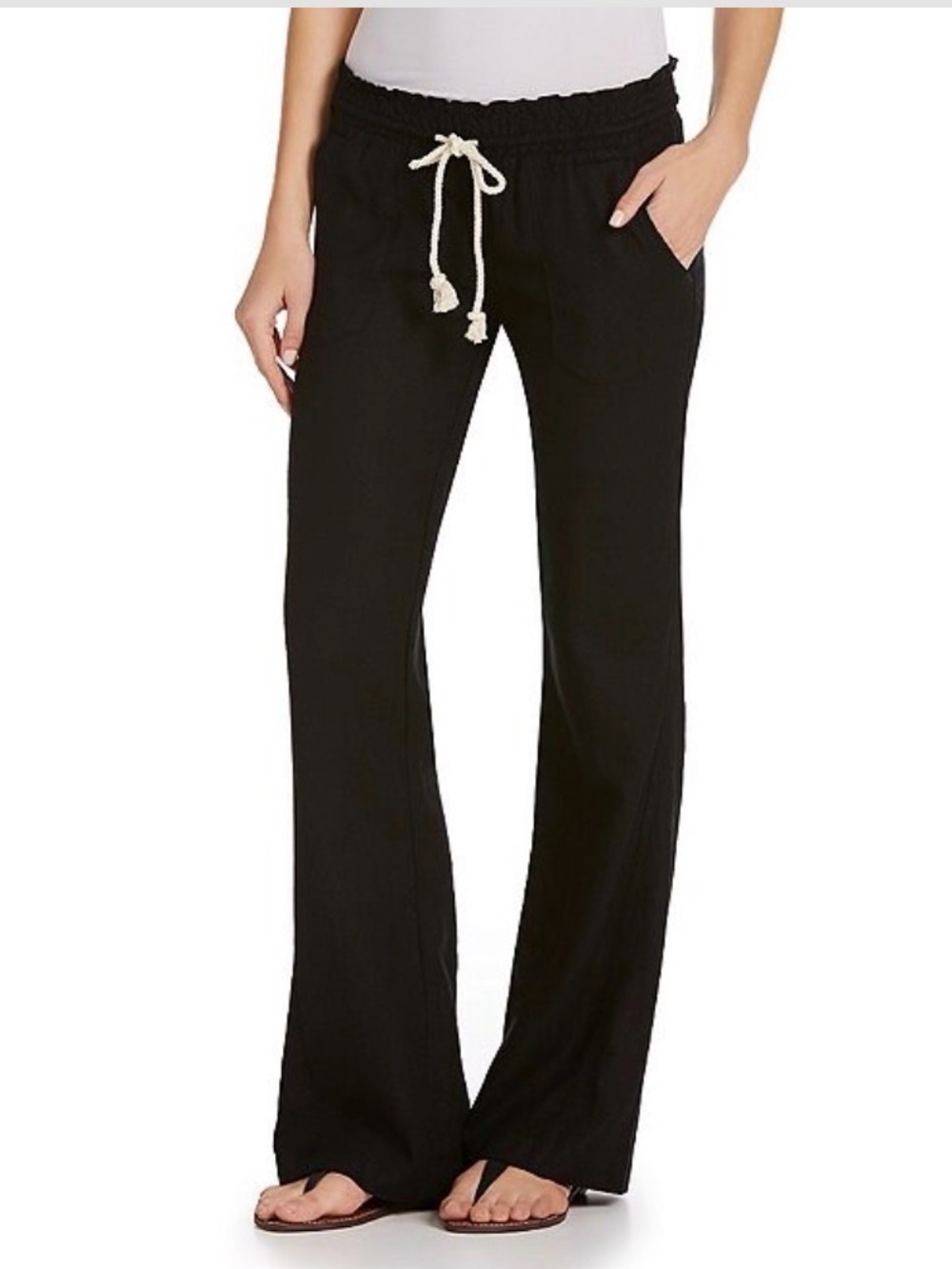Roxy Oceanside Black Linen Blend Wide-Leg Drawstring Pants. Size Medium